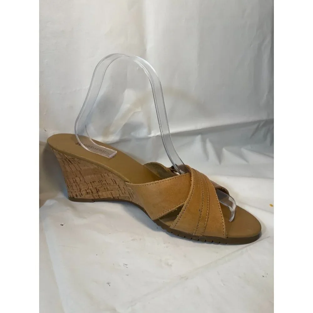 NATURALIZER Womens Brown Slide Sandals Size 9.5  Leather Wedge Heel Open Toe